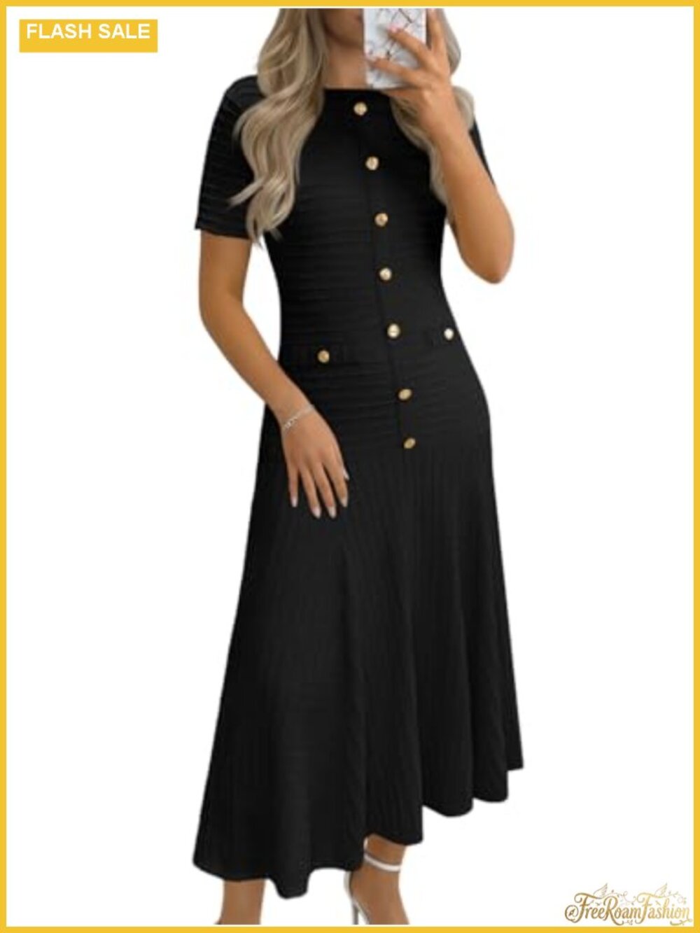 Textured Midi Dress Short Sleeve A-Line Casual Fully Lined